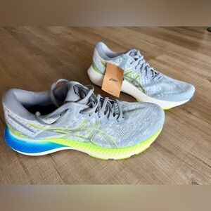 Asics Gray Running Shoes with Neon Yellow and Blue Gradient Sole